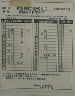 新倉敷駅前のバス時刻表の写真　月曜日から金曜日が１７時４分、土曜日が１７時４０分がヤットコ行きとなっている